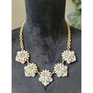 Women's Floral Statement Necklace Gold Chain White and Purple Gemstones Jewelry